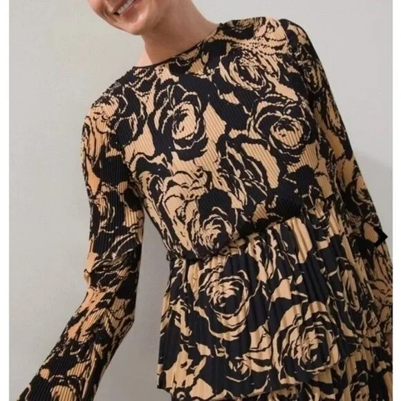 💕CHICO'S BLACK LABEL💕 Tiered Pleated Dress Abstract Floral Neutral Combo NWOT - Picture 3 of 11